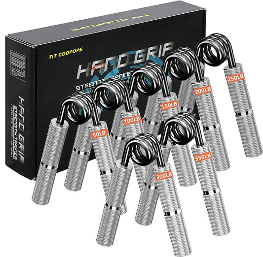 TIT COOPOPE 7Pack Hand Grip Strength Trainer Wrist Strengthener - Resistance from 50-350LB Metal Hand Grip Strengthener Exerciser for Handand FingersSilver Stainless Steel