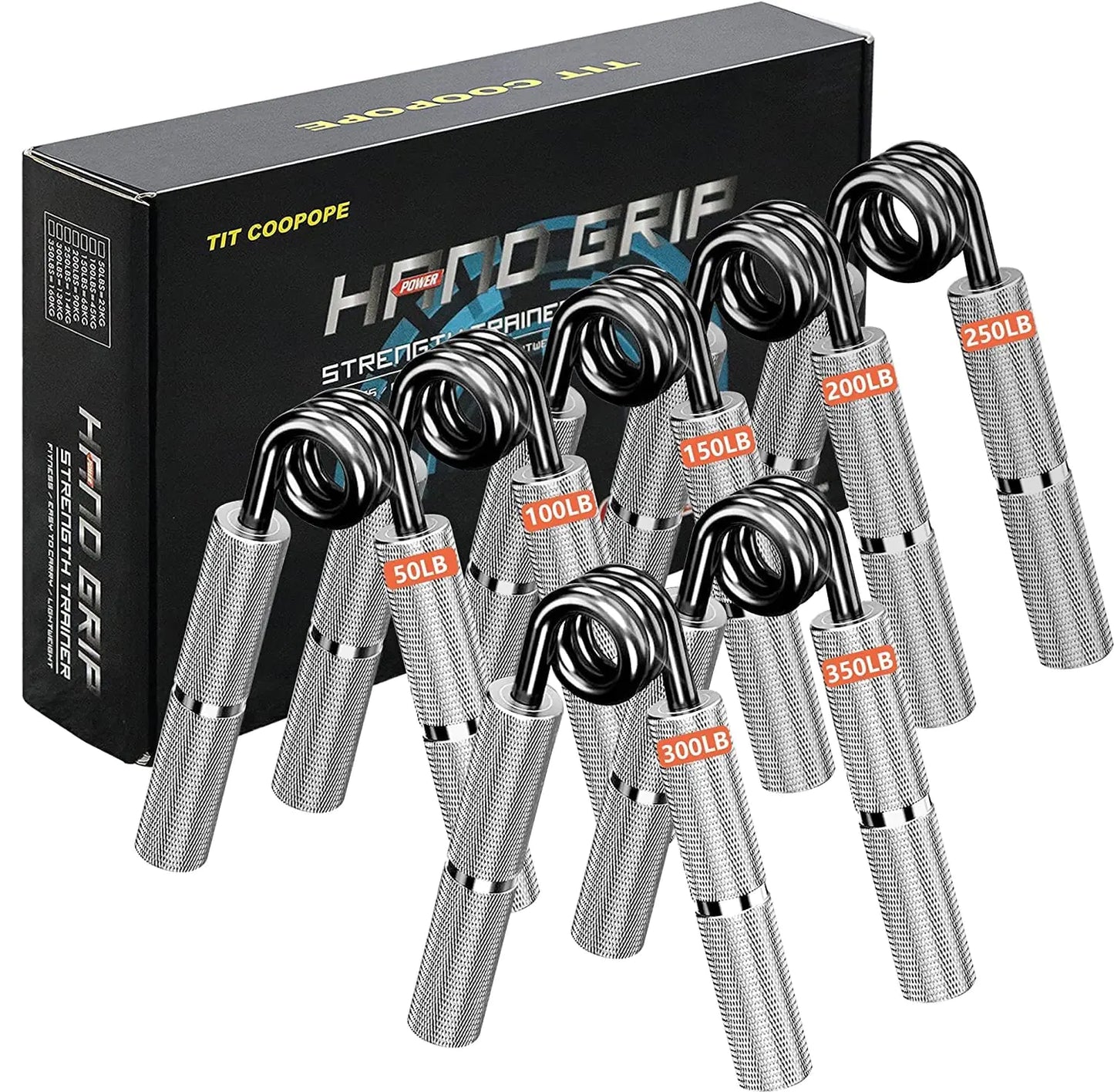 TIT COOPOPE 7Pack Hand Grip Strength Trainer Wrist Strengthener - Resistance from 50-350LB Metal Hand Grip Strengthener Exerciser for Handand FingersSilver Stainless Steel
